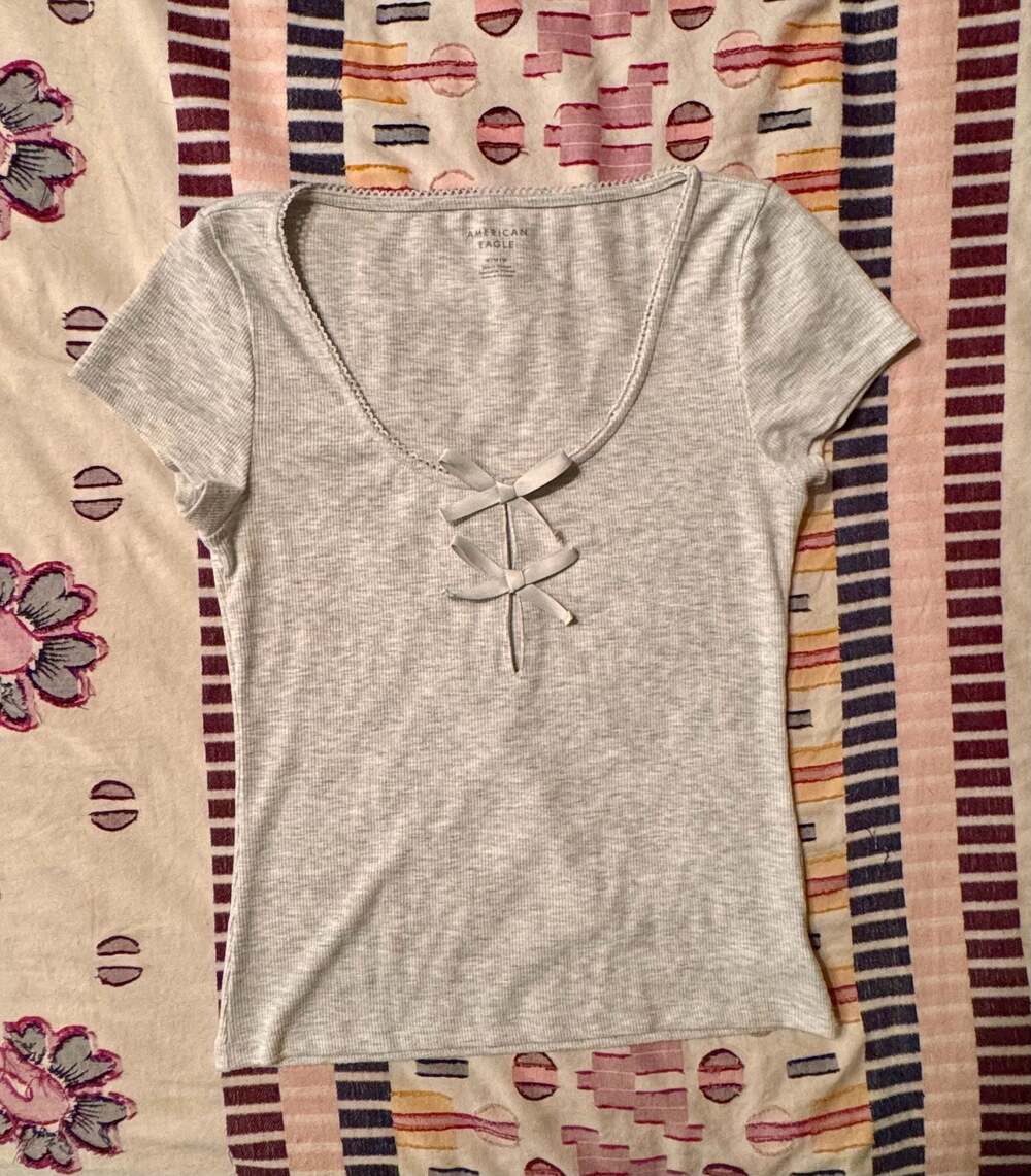 Coquette Bow Ribbed Baby Tee | Soft Girl Balletcore Fitted Gray Knit Top